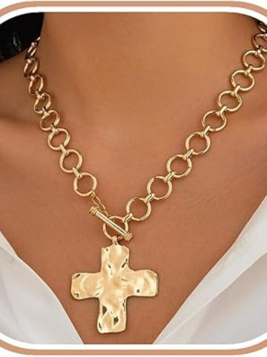 Jewelry - NEW Gold Tone Necklace with Cross Pendant Statement Chunky Fashion Mothers Day